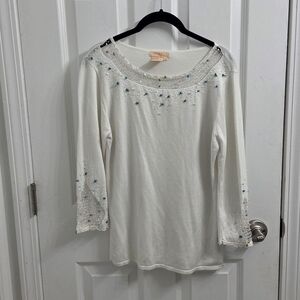 Sophie Tyler Embellished White Top with Blue Accents